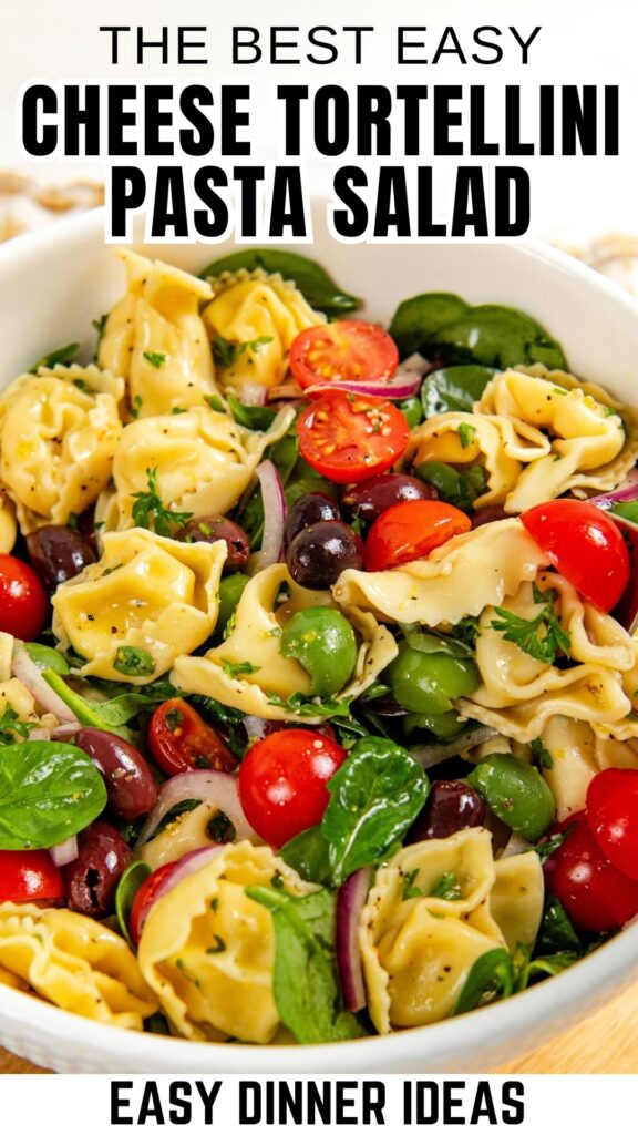 A bowl of cheese tortellini pasta salad with cherry tomatoes, spinach, red onion, black olives, and green olives, garnished with herbs.