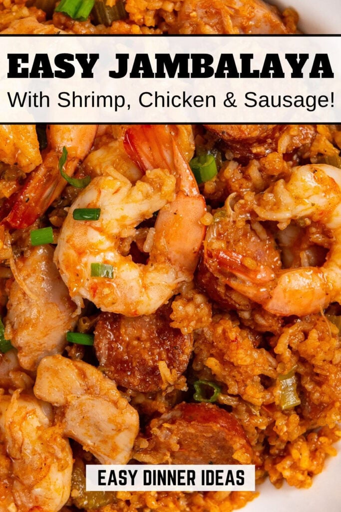 Close-up of a bowl of authentic cajun jambalaya with shrimp, chicken, sausage, and rice.