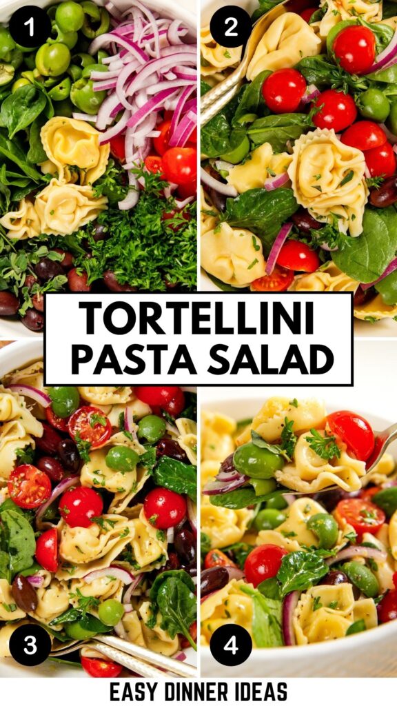 A collage of cheese tortellini pasta salad with cherry tomatoes, red onion, olives, parsley, and spinach, shown in four close-up images.