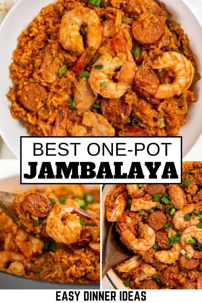 A bowl of jambalaya with chicken, shrimp, and sausage is shown in the top image. Below, two close-up images show servings of the jambalaya on a spoon and in a bowl.