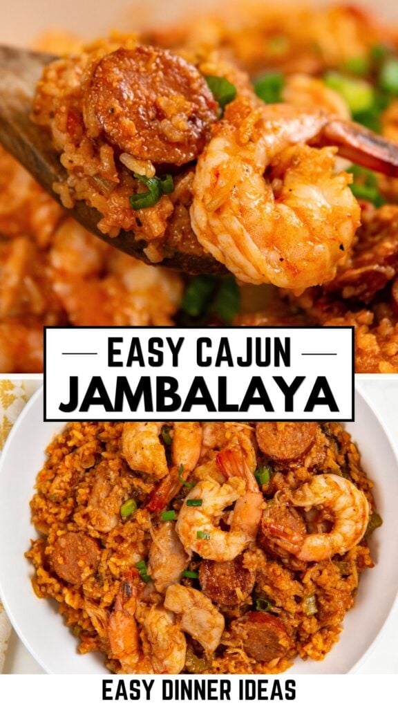 Close-up of a bowl of authentic cajun jambalaya with shrimp, chicken, sausage, and rice with a wooden spoon scooping out a serving.