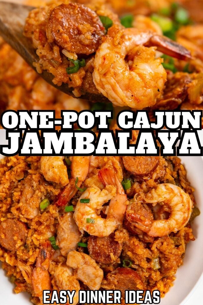 Close-up of a bowl of Cajun jambalaya with shrimp and sausage, topped with chopped green onions. A spoonful of the jambalaya is held above the dish.