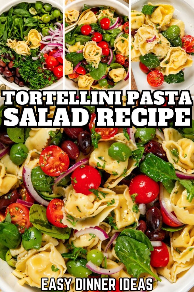 Collage of images showing a colorful tortellini pasta salad with cherry tomatoes, spinach, olives, red onion, and dressing.