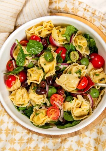 A white bowl filled with cheese tortellini pasta salad, featuring cherry tomatoes, spinach, sliced red onions, green and black olives, and fresh herbs on a patterned tablecloth.