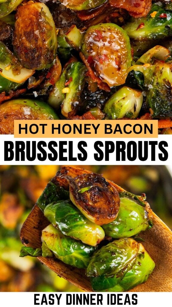 Close-up of caramelized hot honey Brussels sprouts with bacon and coated in a glossy honey glaze, served on a wooden spoon.