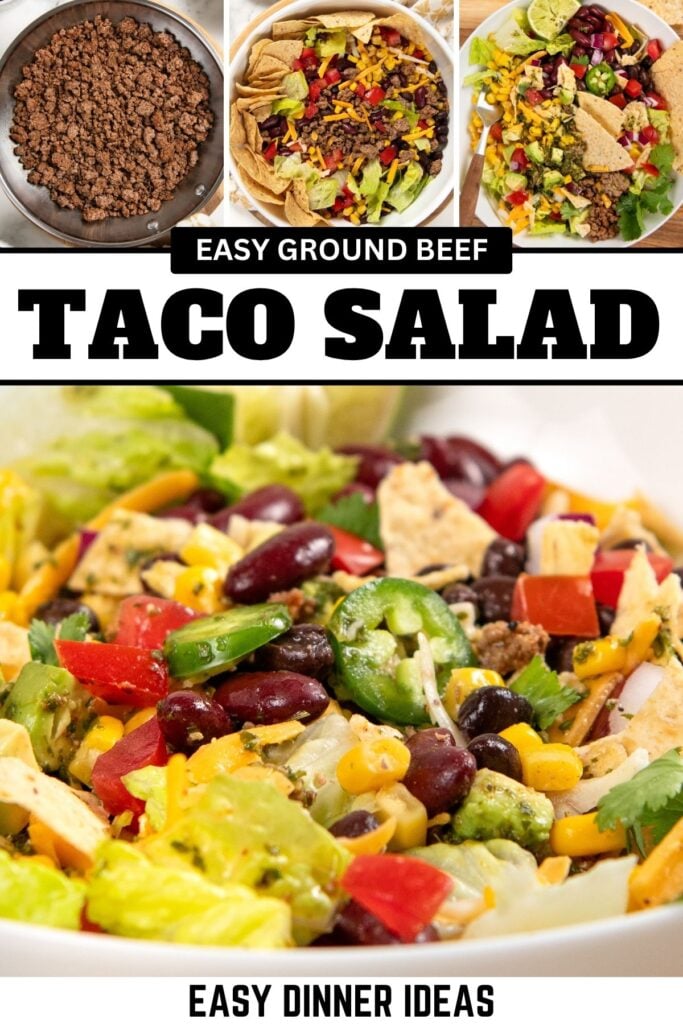Three steps show ground beef, assembling taco salad with lettuce, beans, tomatoes, cheese, chips, and a close-up of the finished colorful ground beef taco salad.