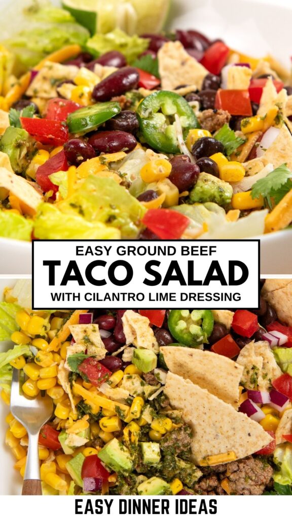 A colorful taco salad with ground beef, lettuce, corn, kidney beans, tomatoes, cheese, jalapeños, tortilla chips, and cilantro lime dressing, presented in a bowl.
