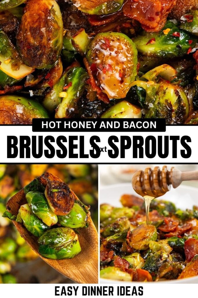 Close-up images of hot honey Brussels sprouts cooked with bacon and drizzled with honey.