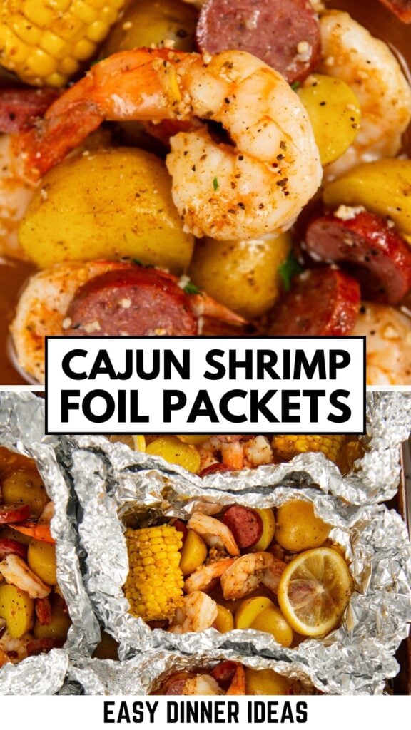 Close-up of Cajun shrimp foil packets with shrimp, sausage, corn, and potatoes, seasoned and cooked together.