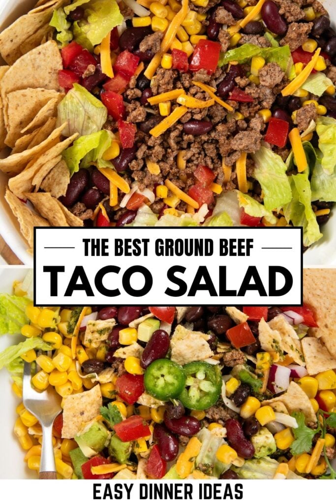 A vibrant taco salad with ground beef, lettuce, kidney beans, corn, shredded cheese, tomatoes, tortilla chips, and jalapeño slices.