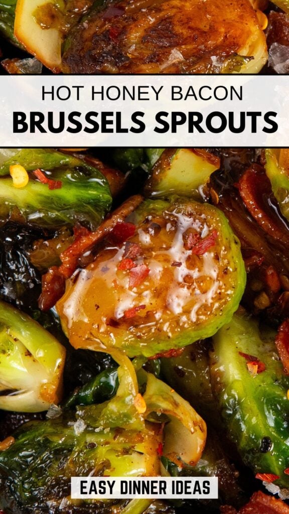 Close-up of crispy hot honey Brussels sprouts with bacon and sprinkled with red pepper flakes.