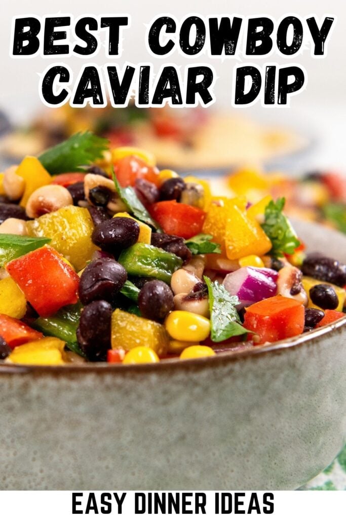 Close-up of a bowl filled with colorful cowboy caviar dip made of black beans, corn, tomatoes, bell peppers, onions, and cilantro.