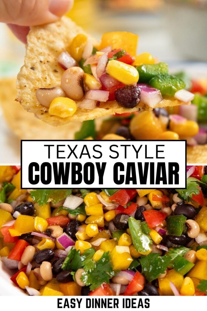 Close-up of a tortilla chip topped with Texas-style cowboy caviar, featuring black beans, corn, tomatoes, red onion, cilantro, and peppers. Below is a bowl filled with the colorful bean and vegetable dip.