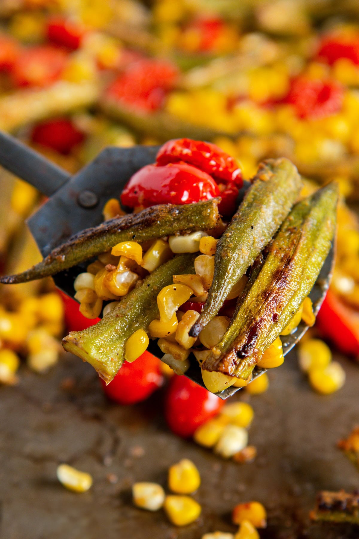 Roasted Okra and Tomatoes with Corn is a crispy spin on the Southern classic. One sheet pan, 10 minutes of prep, and zero slimy okra! A metal spatula holds oven roasted okra and tomatoes with corn over a baking sheet.