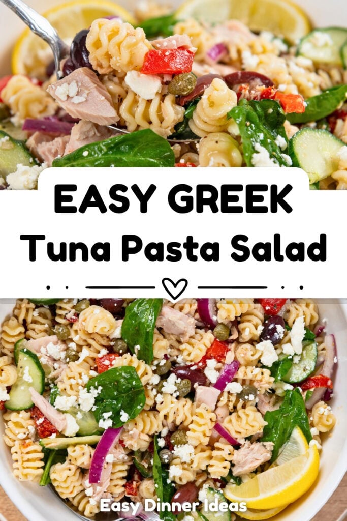 A bowl of Greek tuna pasta salad with rotini, spinach, red onion, cucumbers, tomatoes, feta cheese, and lemon wedges.