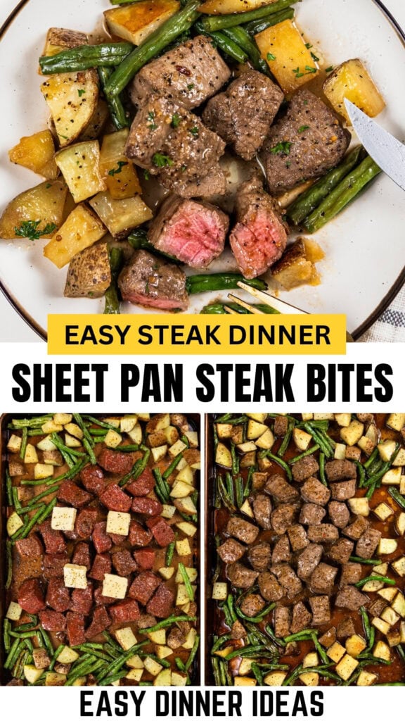Plate with steak bites, potatoes, and green beans. Below, two sheet pans show raw and cooked steak bites with potatoes and green beans. Text: Easy Steak Dinner and Easy Dinner Ideas..