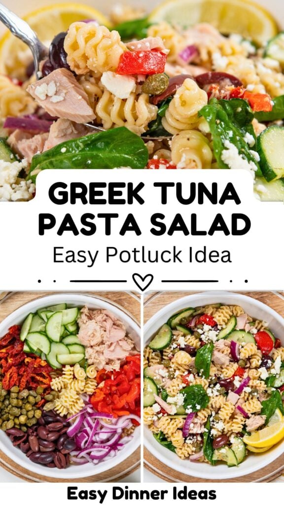 Two bowls of Greek tuna pasta salad with rotini, tuna, spinach, cucumbers, tomatoes, olives, red onion, and feta cheese.