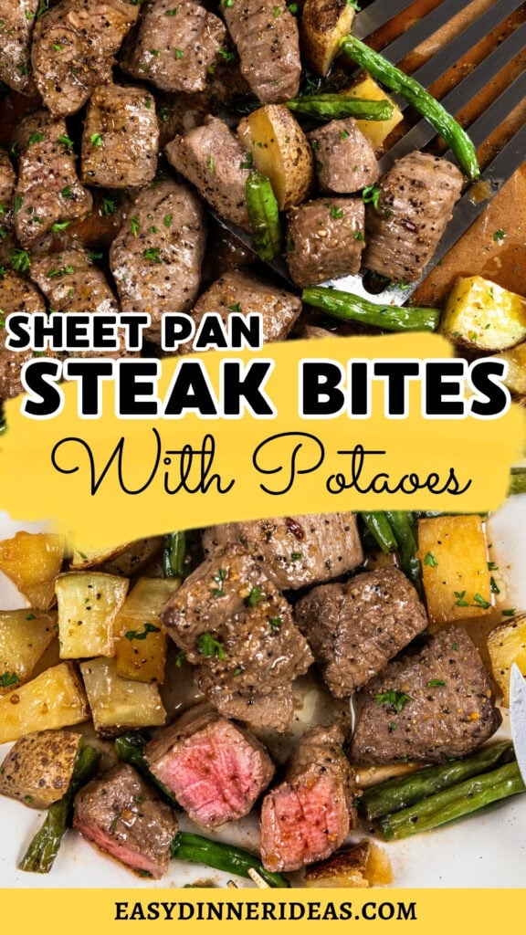 A plate of steak bites, potatoes, and green beans, garnished with herbs. Text overlay reads Sheet Pan Steak Bites With Potatoes..