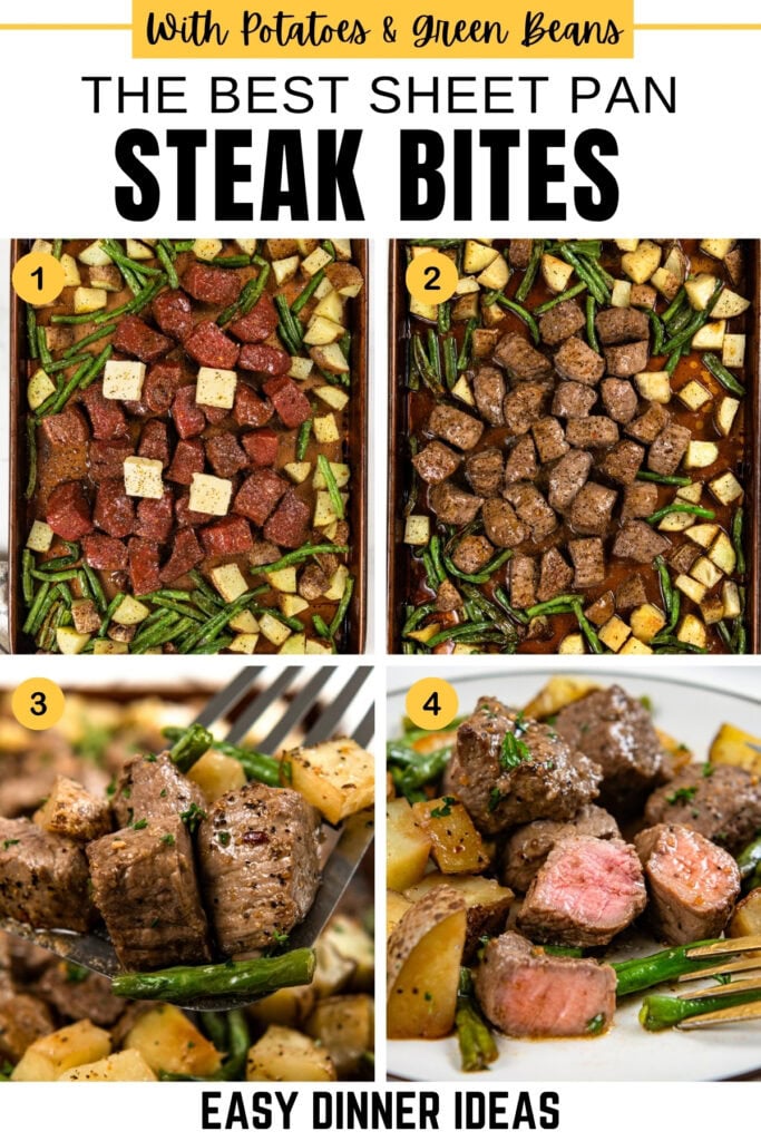Four images showing a sheet pan with steak bites, potatoes, and green beans before and after cooking, and two close-ups of forkfuls with cooked steak, potatoes, and green beans. Text reads: The Best Sheet Pan Steak Bites.