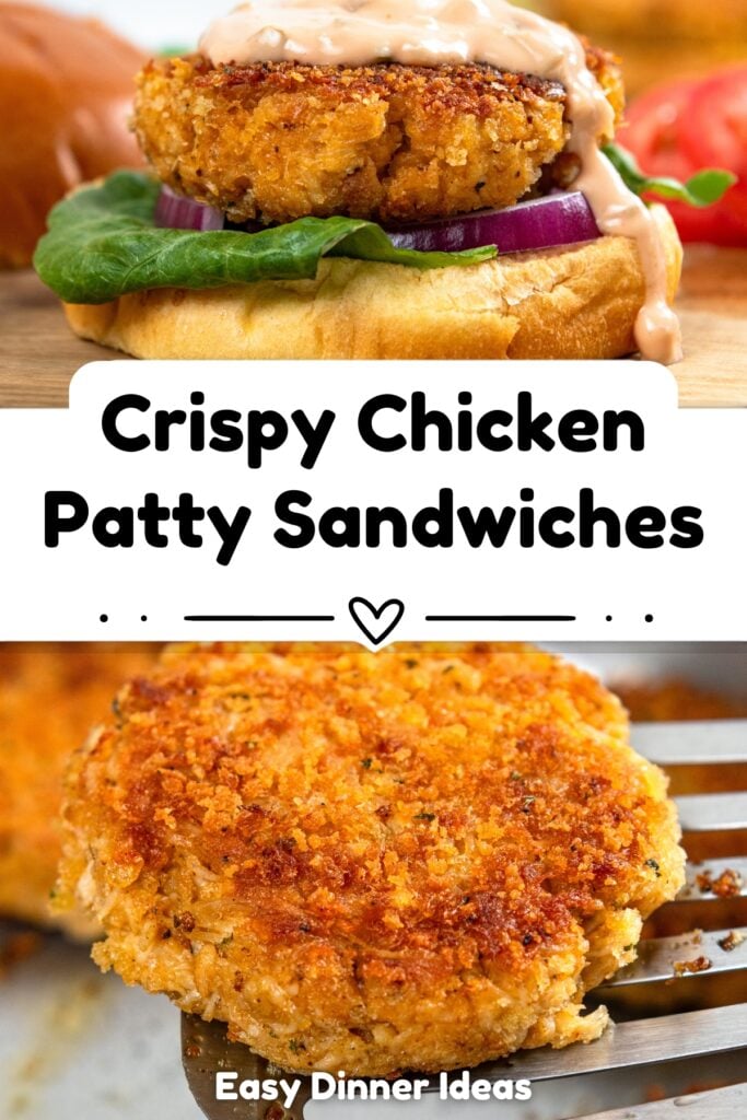 A crispy chicken patty sandwich with lettuce, tomato, red onion, and sauce on a bun, shown above a close-up of a golden-brown chicken patty on a spatula. Text reads: Crispy Chicken Patty Sandwiches.