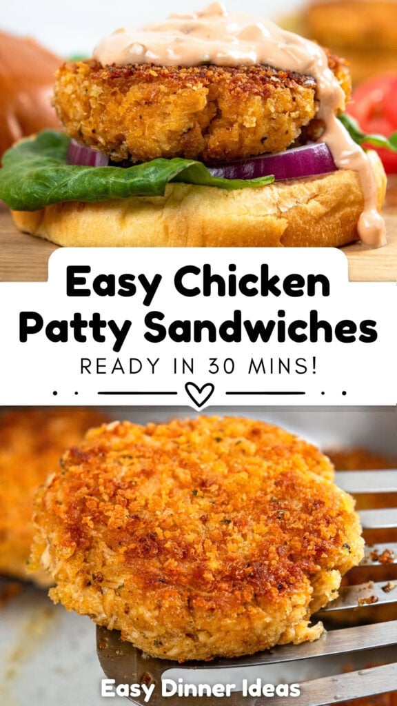 Close-up of a chicken patty sandwich with lettuce, red onion, sauce, and a bun, plus another image of a crispy chicken patty on a spatula. Text reads: Easy Chicken Patty Sandwiches—Ready in 30 mins!
