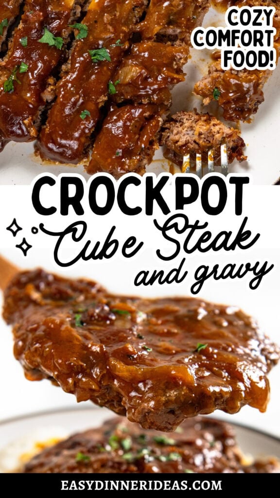 Close-up of juicy cube steak covered in rich brown gravy, garnished with parsley. Text reads Crockpot Cube Steak and Gravy. Fork with steak and gravy is shown. Cozy comfort food! appears in the top right corner.