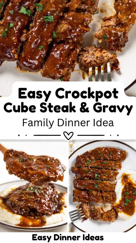 A plate of sliced cube steak covered in brown gravy, garnished with herbs, with a fork and a spoon lifting a serving nearby. Text reads Easy Crockpot Cube Steak & Gravy, Easy Dinner Ideas..
