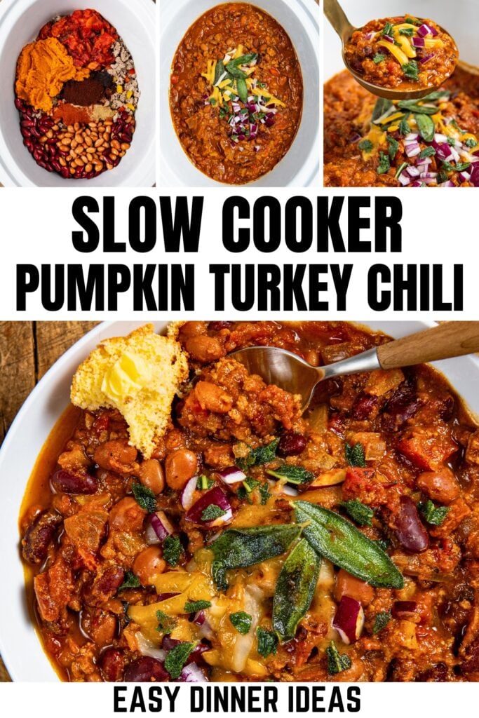 Four images show a vibrant bowl of pumpkin turkey chili, topped with cheese, herbs, and onions, plus ingredients and a spoonful.