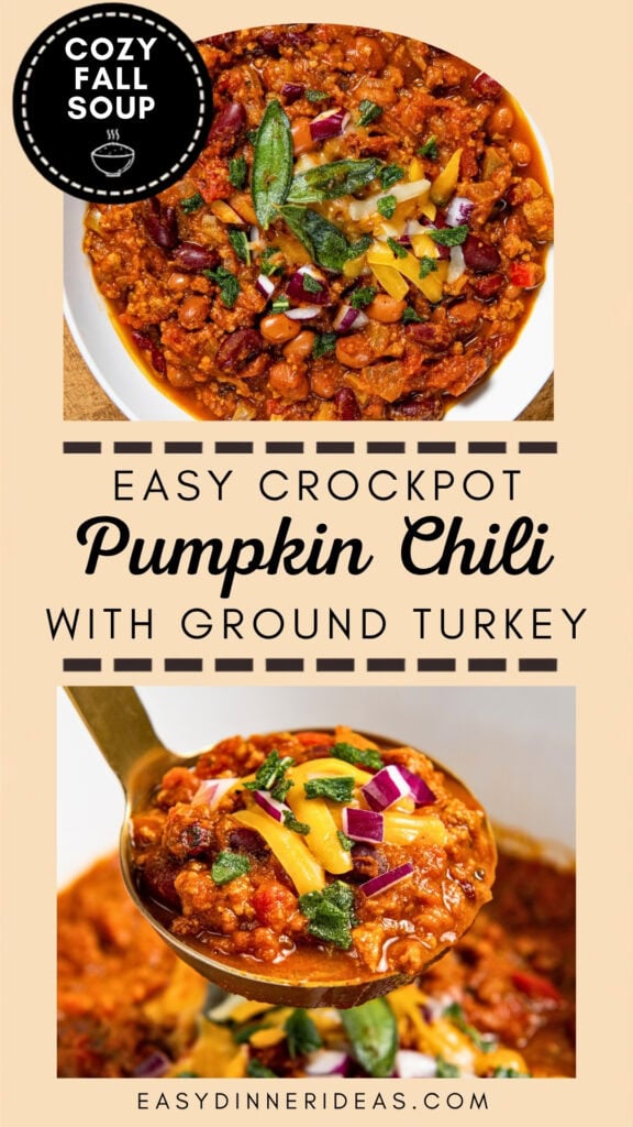 Bowl of pumpkin chili topped with cheese, onions, and herbs. Another image shows a spoonful of pumpkin turkey chili.