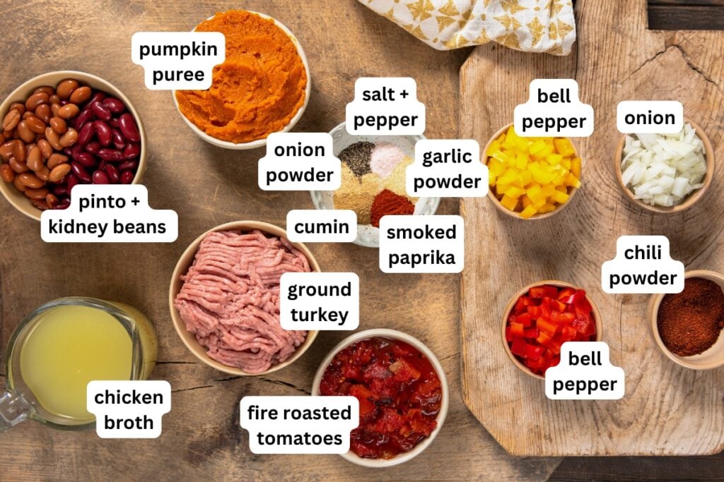 Various labeled ingredients for pumpkin chili, including pumpkin puree, pinto beans, kidney beans, ground turkey, tomatoes, seasonings, broth, chopped onions, and diced bell peppers, arranged on a wooden table with a patterned napkin.