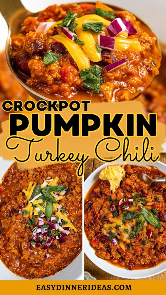 Four images of crockpot pumpkin turkey chili, topped with shredded cheese, red onion, and herbs.