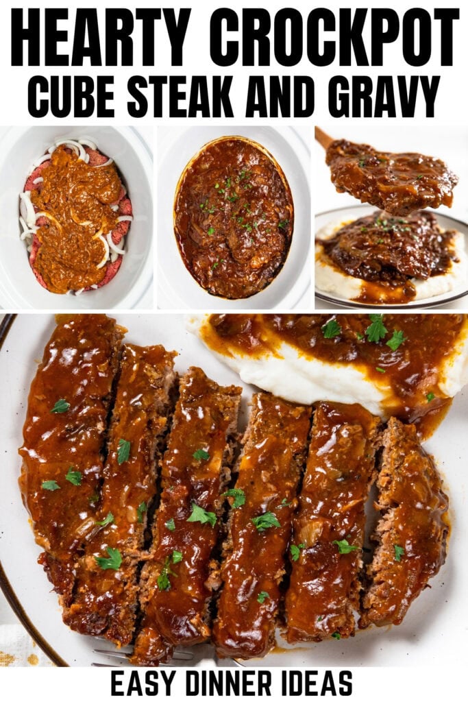 Collage showing crockpot cube steak and gravy, individual portions, and a sliced serving with mashed potatoes. Text reads, Hearty Crockpot Cube Steak and Gravy. Easy Dinner Ideas..