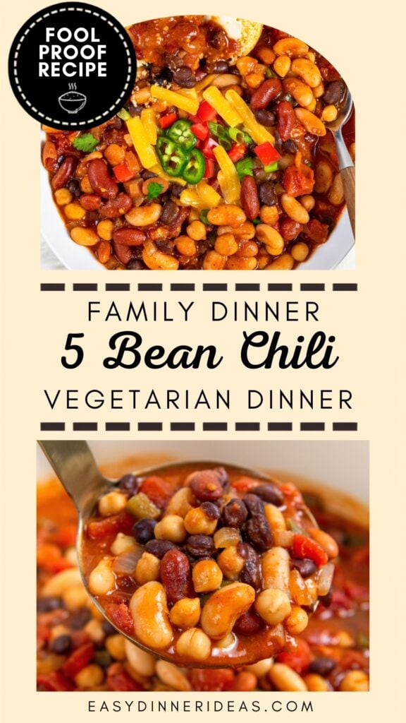A bowl of five bean chili topped with cheese and jalapeños, with a ladle scooping a portion of the vegetarian chili out of the pot.
