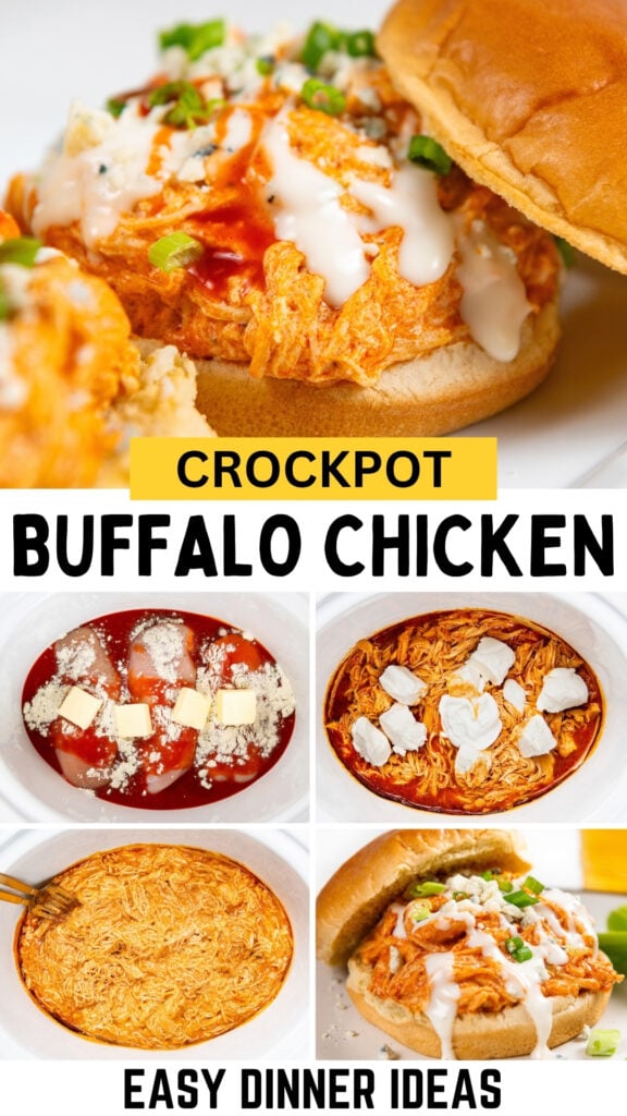 Collage showing steps to make crockpot buffalo chicken sandwiches, including raw ingredients, cooking process, shredded chicken, and finished sandwich topped with sauce and green onions.