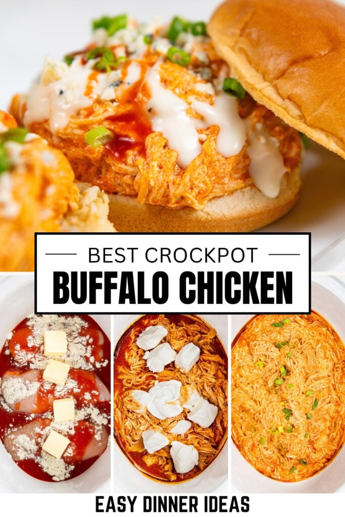 Slow cooker buffalo chicken sandwich topped with sauces, shown with step-by-step crockpot preparation images.