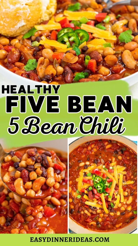A collage showing a hearty five bean chili topped with shredded cheese and jalapeños.
