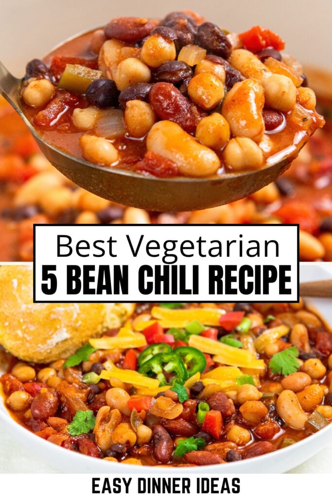 A metal ladle lifting bean chili from a pot above a bowl of vegetarian chili topped with cheese, jalapeño slices, and cilantro.
