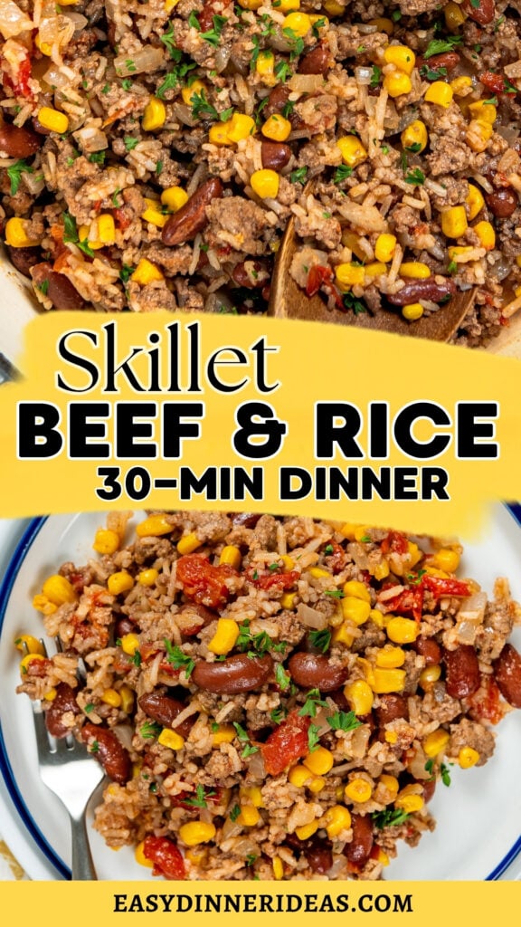 Skillet beef and rice with corn, kidney beans, and tomatoes shown in a skillet and served on a plate with a fork.