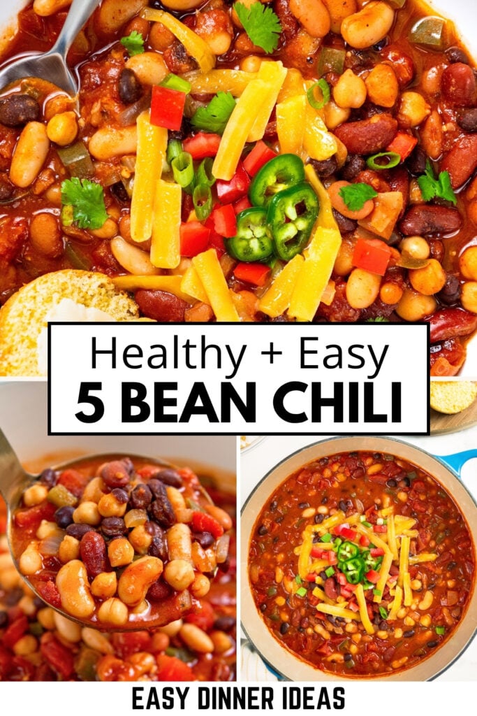 A collage of five bean chili, including a close-up scoop, a large pot of the vegetarian chili, and a bowl topped with shredded cheese, jalapeño slices, and cilantro.