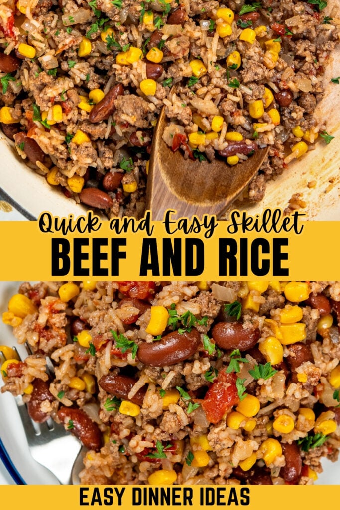 A skillet beef and rice recipe with corn and kidney beans being shown in a skillet with a wooden spoon and on a serving on a white plate with a fork.