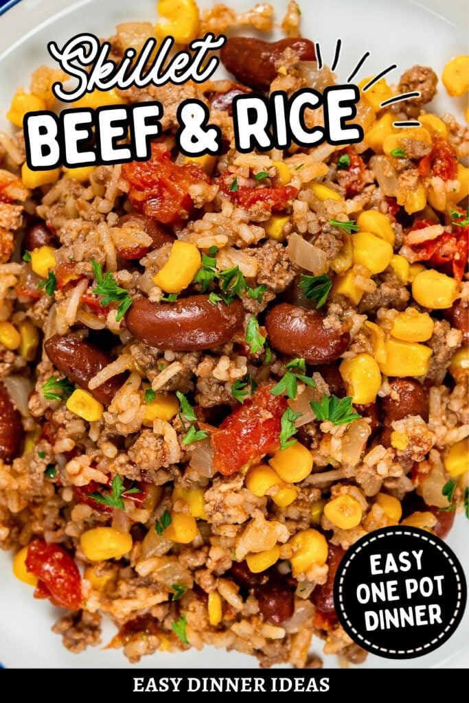 A skillet meal of ground beef, rice, kidney beans, and corn garnished with parsley.