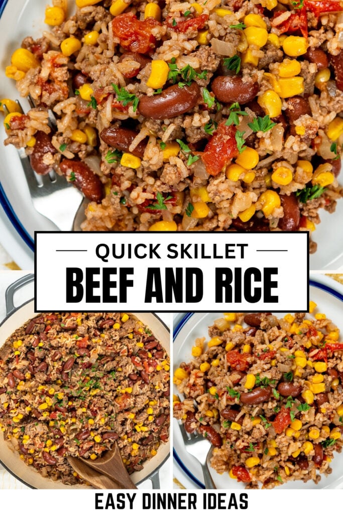 A collage showing a ground beef, rice, corn, and kidney bean skillet meal.